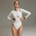 Elegant white long-sleeved bodysuit with metallic chest detail and high-cut leg design - S / Long Sleeve Bodysuit / 11045 White