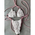 Pink bikini set featuring 3D white rose floral appliqués and halter side-tie strings - Pink