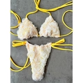 Two-piece yellow bikini set featuring 3D white rose floral appliqués for beach holiday - Yellow
