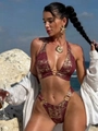 Detail of red bikini with gold foil texture and decorative metal rings for beachwear - S / Burgundy