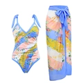 Tropical print swimsuit and sarong set with blue and yellow floral leaf pattern - 16008-1 Blue Set / M