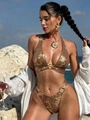 Detail of bronze metallic print bikini top with decorative gold ring and halter neck design - S / Coffee