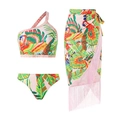 Three-piece pink tropical parrot print swimsuit with fringe sarong and one-shoulder top - M / Top And Bottom / 16011-1 Print