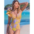 Purple floral one-piece swimsuit with yellow maple prints and ruffled shoulder detail - M / Tops / 16012-1 Print