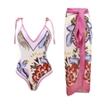 Tropical print one-piece swimsuit with matching long sarong featuring parrot motifs - 16020-1 Pink Set / M