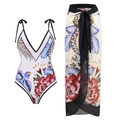 Tropical parrot and palm floral print one-piece swimsuit with matching wrap beach skirt - M / Top And Bottom / 16020-1 Black