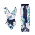 Retro print one-piece swimsuit with matching long wrap skirt and blue waist bow detail - L / Top And Bottom / 16003-1 Blue