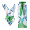 Women's one-shoulder ruffle swimsuit with matching abstract print sarong and green bow - L / Top And Bottom / 16003-1 Green