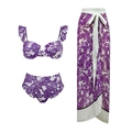Three-piece bikini set with purple butterfly print and matching long beach sarong skirt - S / Top And Bottom / 15027-1 Purple