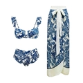 Blue and white floral three-piece beach set with ruffled bikini and matching long sarong - XL / Top And Bottom / 15027-1 Blue