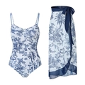 Two-piece vintage blue Toile de Jouy print swimsuit with matching sarong skirt on white - S / Top And Bottom / 16029-1 Blue