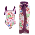 Floral one-piece swimsuit and purple waist-tie sarong skirt set with vibrant print - S / Top And Bottom / 16027-1 Print