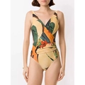 Tropical floral print one-piece swimsuit with deep V-neck and ruched side detail - S / Tops / 16009 Tropical Print