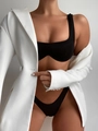 Black ribbed bikini set with high cut bottoms and white blazer for stylish swimwear fashion - M / Black