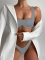 Detail of grey ribbed bikini featuring underwire top and high cut bottoms with a white blazer - S / Gray