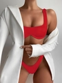 Detail of red ribbed bikini with underwire cups paired with a white blazer - S / Red
