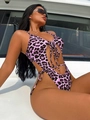 Pink and purple leopard print one-piece swimsuit with lace-up details on a boat deck - S / Pink