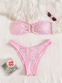 Pink sequin two-piece bandeau bikini with golden metal ring detail on white faux fur - S / Pink
