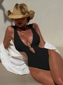Sexy black ribbed one-piece swimsuit with deep V-neck, golden ring, and tummy cutout - S / Black