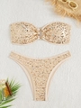 Two-piece sequined bandeau bikini set in champagne gold with high-cut side-tie bottoms - S / Champagne