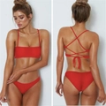 Sexy red tube top bikini set with adjustable crisscross back straps and low waist bottoms - Red