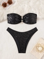 Two-piece black sequined bikini set with bandeau top and golden ring detail on plush background - S / Black