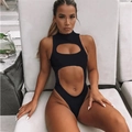 Maillot de bain une pièce noir sexy avec découpes, col haut et fermeture éclair - S / Haut Et Bas / Noir