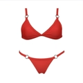 Detail of red bikini set with metallic rings and adjustable thin shoulder straps - Red