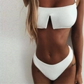 White ribbed two-piece bikini set with bandeau top and inverted V-shaped cutout - White