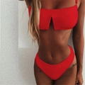 Vibrant red ribbed bikini set featuring a high-waisted cut and V-notch bandeau top - Red