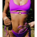 Sexy purple ribbed bikini set with metallic heart detail and side tie bottoms for women - Purple