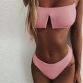 Morandi pink ribbed bikini set featuring a bandeau top with inverted V cutout detail - S / Pink
