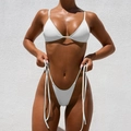 Detail view of white triangle bikini top with thin straps and adjustable side-tie bottoms - S / White