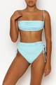 Detail of high waisted blue bikini bottom with side drawstring and ruched texture fabric - S / Light Blue