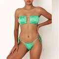 Bikini bandeau fruncido verde neón con braguita con lazos laterales para mujer - S / Verde