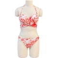 Sexy dames bikini-set met tie-dye print, rood-witte haltertop en broekje met uitsnede - S / Oranje Print
