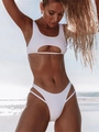 White ribbed two-piece bikini set featuring front cutout detail and high-cut bottoms - S / White