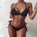 Sexy black two-piece halter bikini set with ruffled edges and side-tie bikini bottoms - S / Black