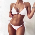 White two-piece string bikini with ruffled edges and halter neck top for women - S / White