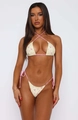 Vue détaillée du bikini à fleurs avec liens contrastés roses et ficelles réglables - S / Floral Beige