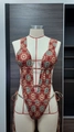 Detail of red bohemian mandala print swimsuit with side ties and deep V neckline - S / Reddish Brown Print (MK26182)