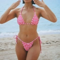 Two-piece pink gingham bikini set with halter top and side-tie bottoms featuring bow details - S / Pink and White Plaid