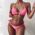 Hot pink two-piece bikini set with ruffle edges, triangle halter top, and side-tie bottom - S / Pink