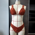 Detail view of rust red bikini top with pleated cups and center silver metal ring - S / Low Waist Set