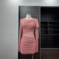 Slim fit long sleeve mini dress featuring red and white stripes and ruched mesh details - S / Red and White Striped