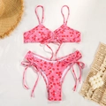 Flat lay of pink floral two-piece bikini set with ruching and side-tie details - S