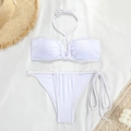 Detailed macro view of white bikini top with ruched center and textured fabric detail - M / White