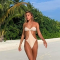 Detalle de un monokini champagne brillante con lazos laterales y cuello halter - S / Blanco Champaña
