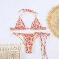 Floral print halter bikini set with side-tie bottoms and tropical beach accessories - S / Rainbow