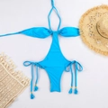 Detalle de monokini azul brillante con cuello halter, aberturas y lazos con borlas - S / Verde azulado